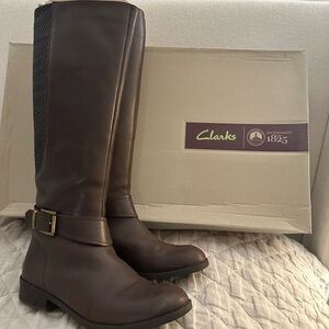 Clarks Brown Over the Knee Boots with Decorative Buckle